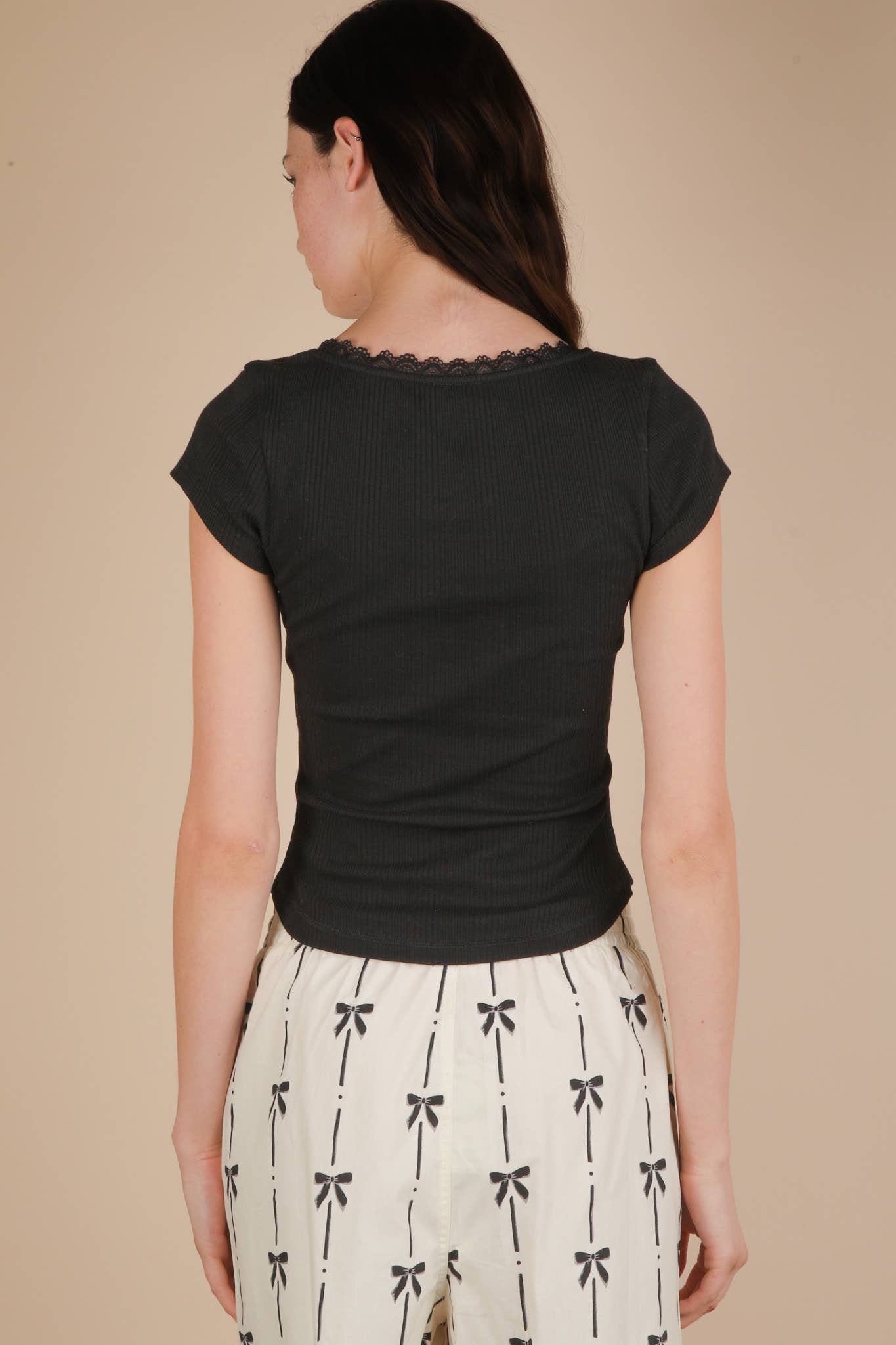 Lola Lace & Bow Trim Ribbed Knit Top