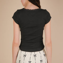 Lola Lace & Bow Trim Ribbed Knit Top