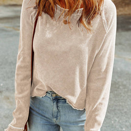Daisy Textured Round Neck Long Sleeve Top: Apricot