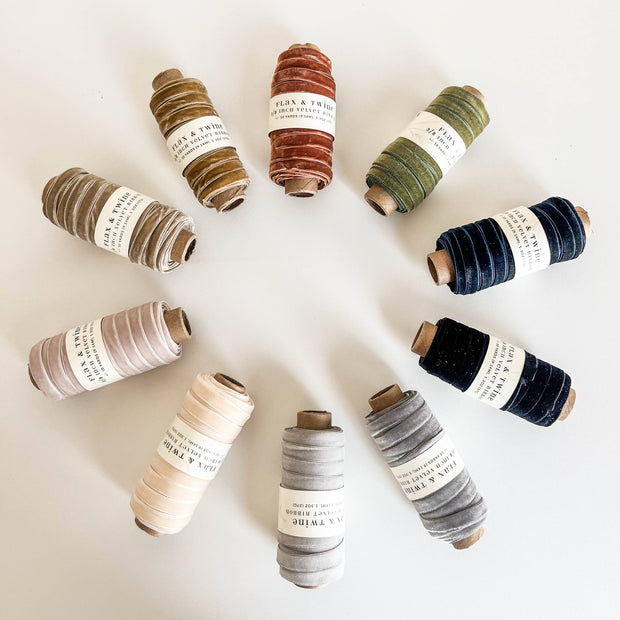 Flax & Twine 3/8" Velvet Ribbon - 10 Yards: Shell, Saphire, Obsidian