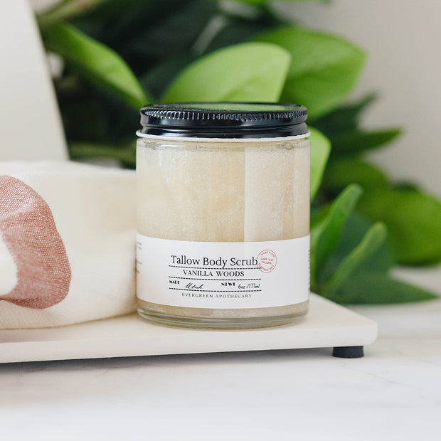 Tallow Sugar Scrub, made with Lady May Tallow, 6oz: Vanilla Woods