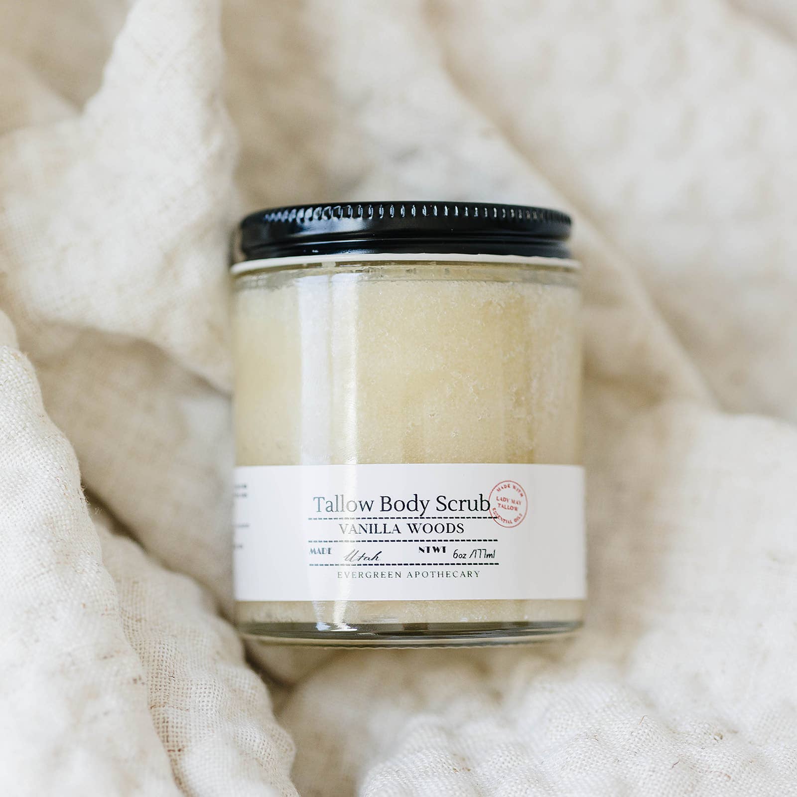 Tallow Sugar Scrub, made with Lady May Tallow, 6oz: Vanilla Woods