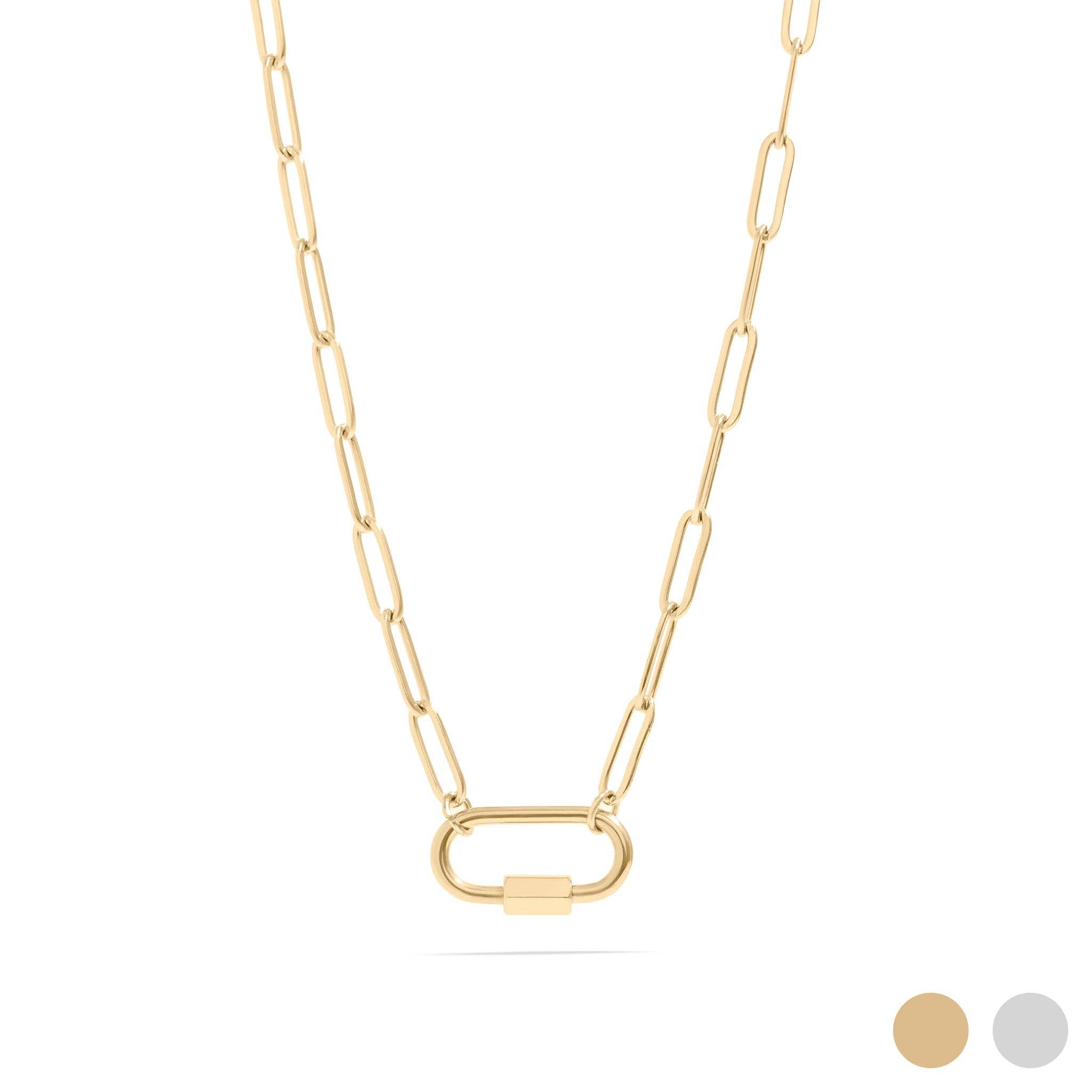 18K Gold PVD Paperclip Carabiner Necklace: Gold / 16+2