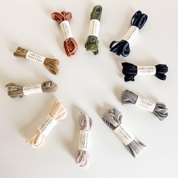 Flax & Twine 3/8" Velvet Ribbon - 3 Yards: Obsidian (Black) and Beige (Pearl)