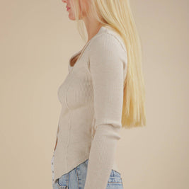 Kira Button Down Fitted Knit Casual Top: OATMEAL