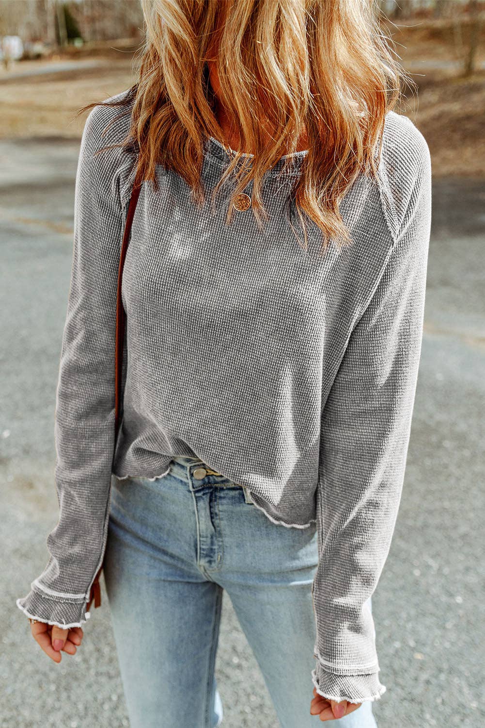 Grey Daisy Textured Round Neck Long Sleeve Top -