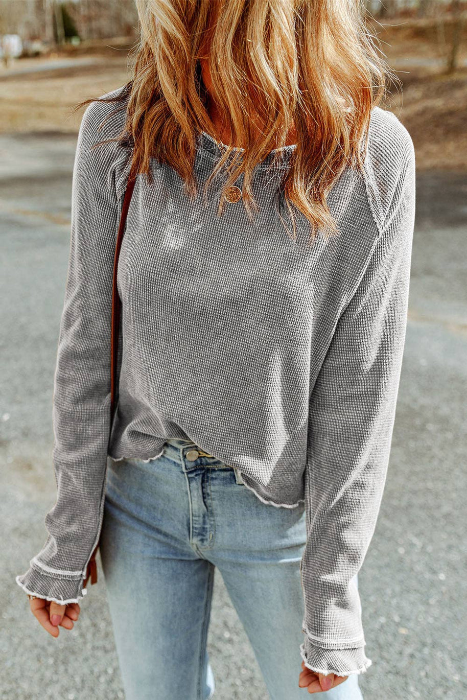 Grey Daisy Textured Round Neck Long Sleeve Top -