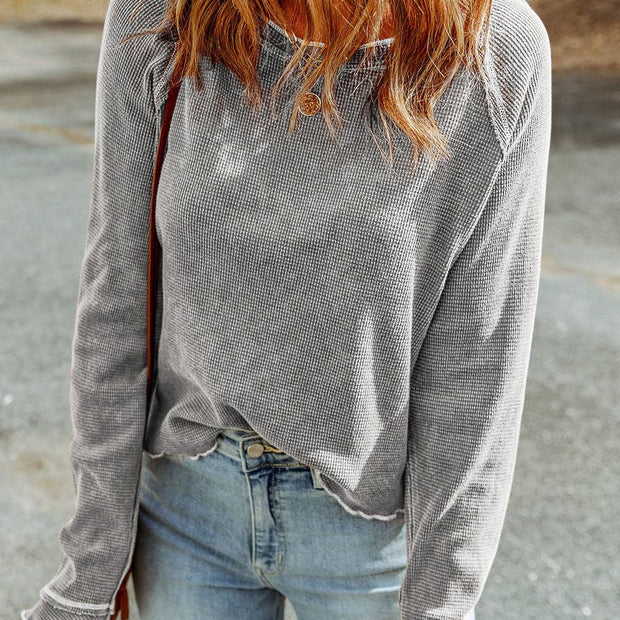 Grey Daisy Textured Round Neck Long Sleeve Top -