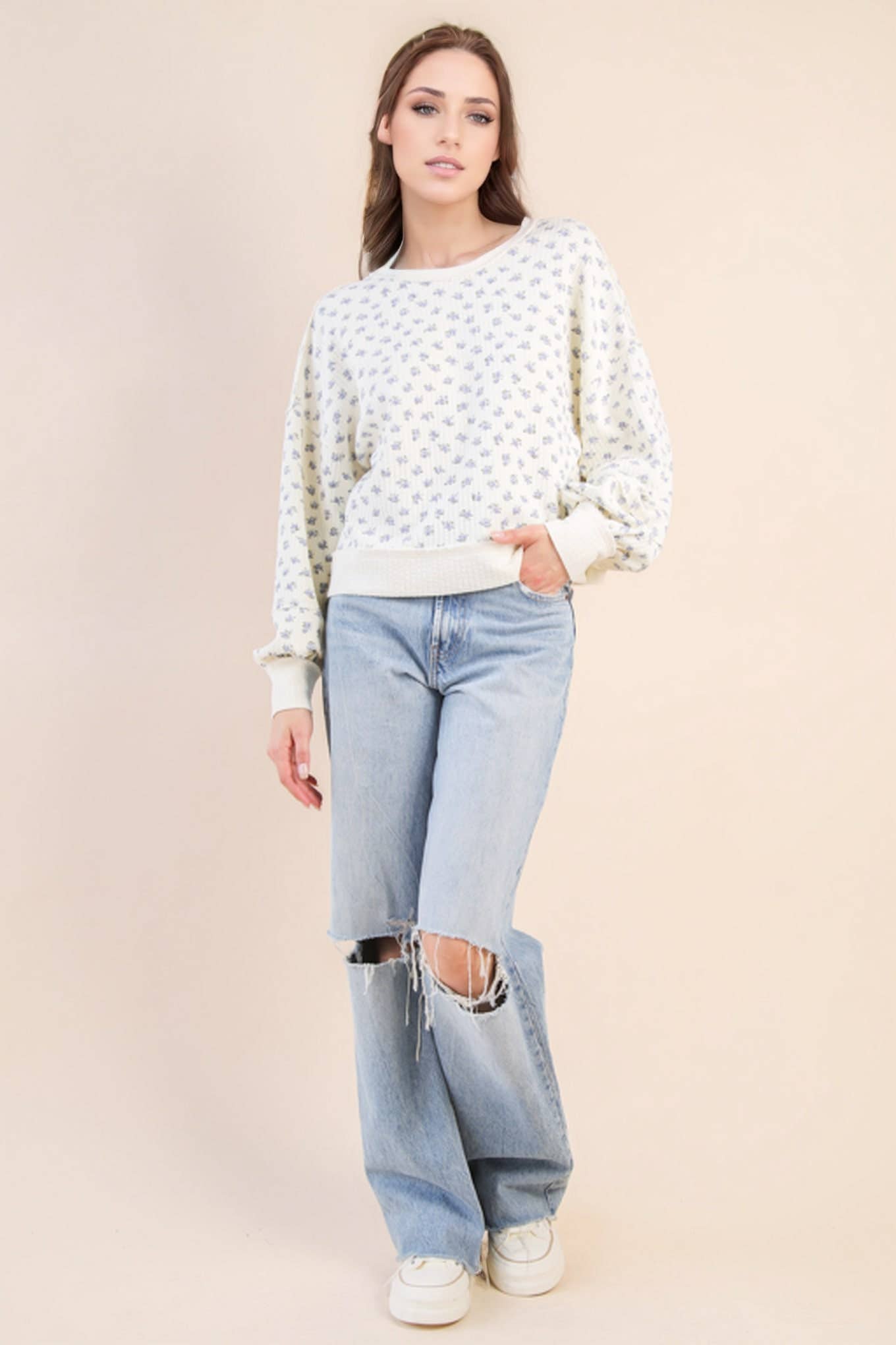 Flora-Oversized Floral Printed Casual Knit Top