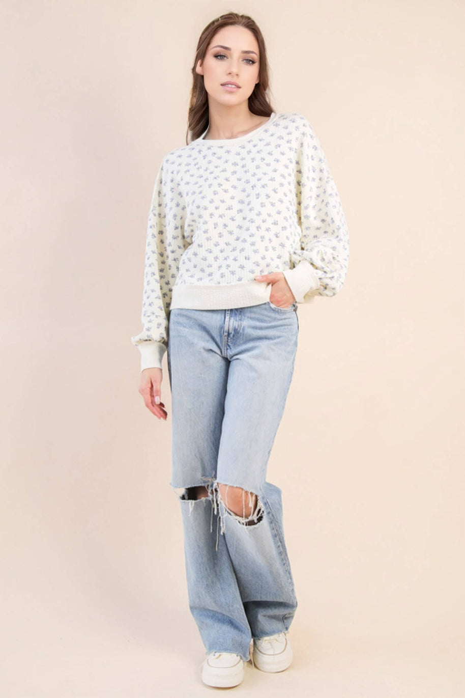 Flora-Oversized Floral Printed Casual Knit Top