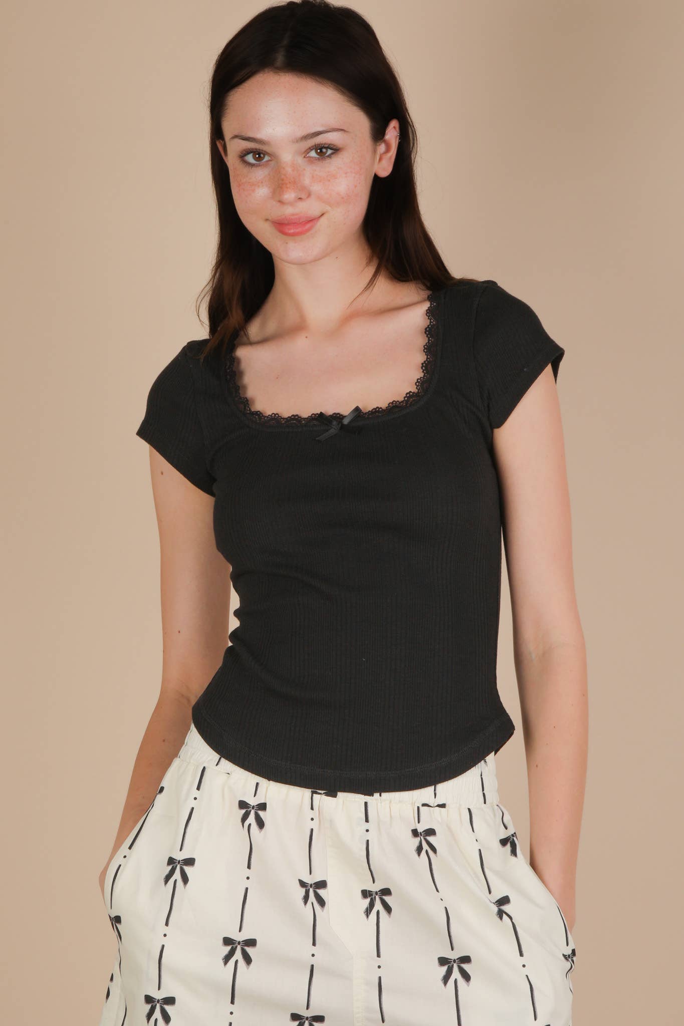 Lola Lace & Bow Trim Ribbed Knit Top