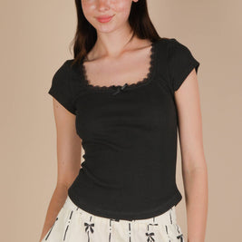 Lola Lace & Bow Trim Ribbed Knit Top