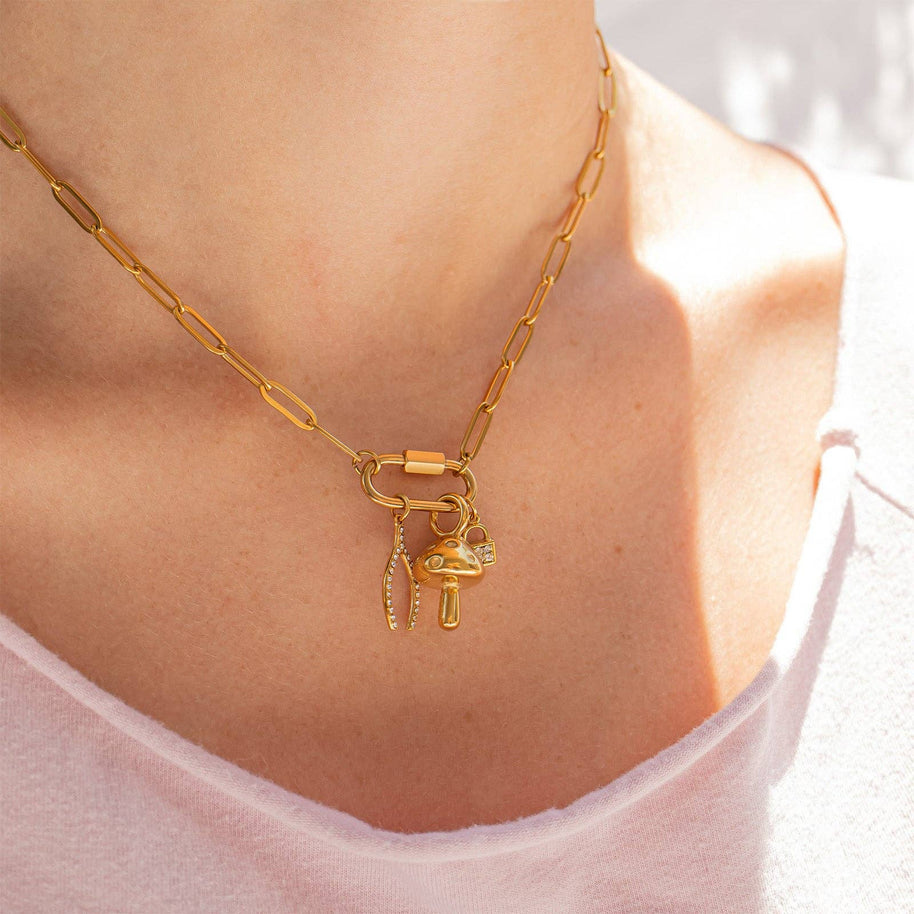 18K Gold PVD Paperclip Carabiner Necklace: Gold / 16+2