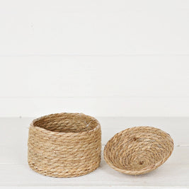 Silo Shape Basket of Cattail Leaves with Lid-7Hx7.5D