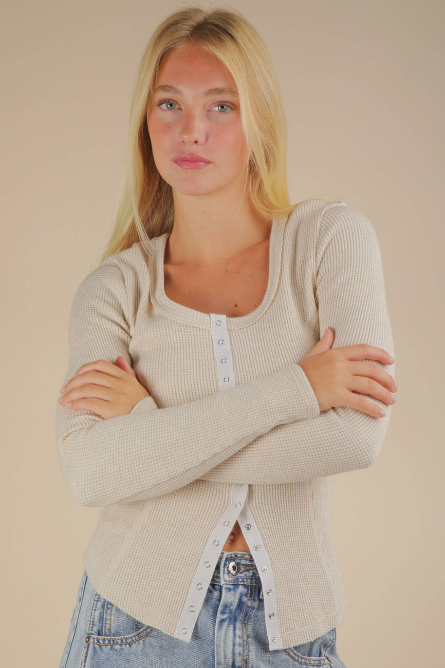 Kira Button Down Fitted Knit Casual Top: OATMEAL