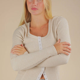 Kira Button Down Fitted Knit Casual Top: OATMEAL