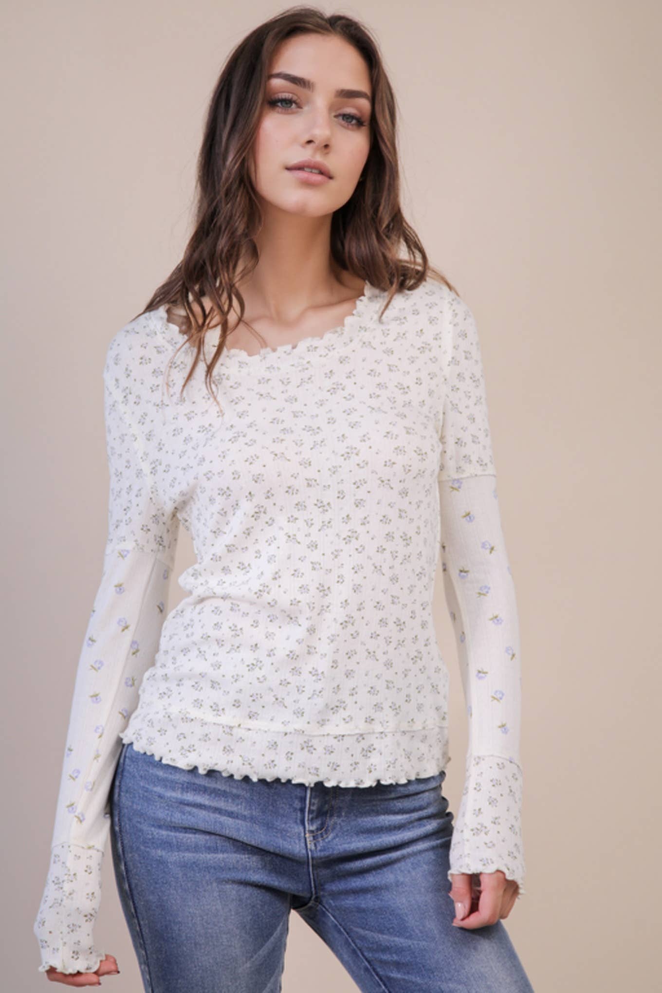 Dana Floral Printed Lettuce Hem Fitted Knit Top: BLUE