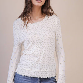 Dana Floral Printed Lettuce Hem Fitted Knit Top: BLUE