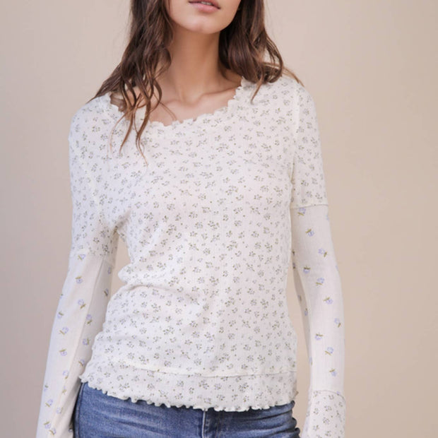 Dana Floral Printed Lettuce Hem Fitted Knit Top: BLUE