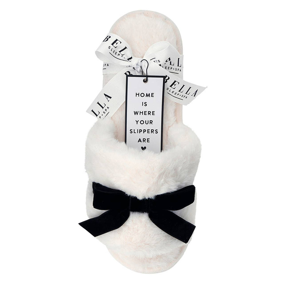 Plush Velvet Bow Slippers - Ivory + Black Velvet Bow