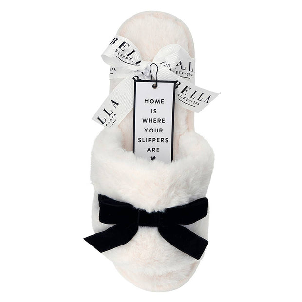 Plush Velvet Bow Slippers - Ivory + Black Velvet Bow