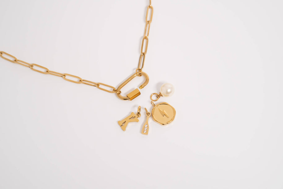 18K Gold PVD Paperclip Carabiner Necklace: Gold / 16+2