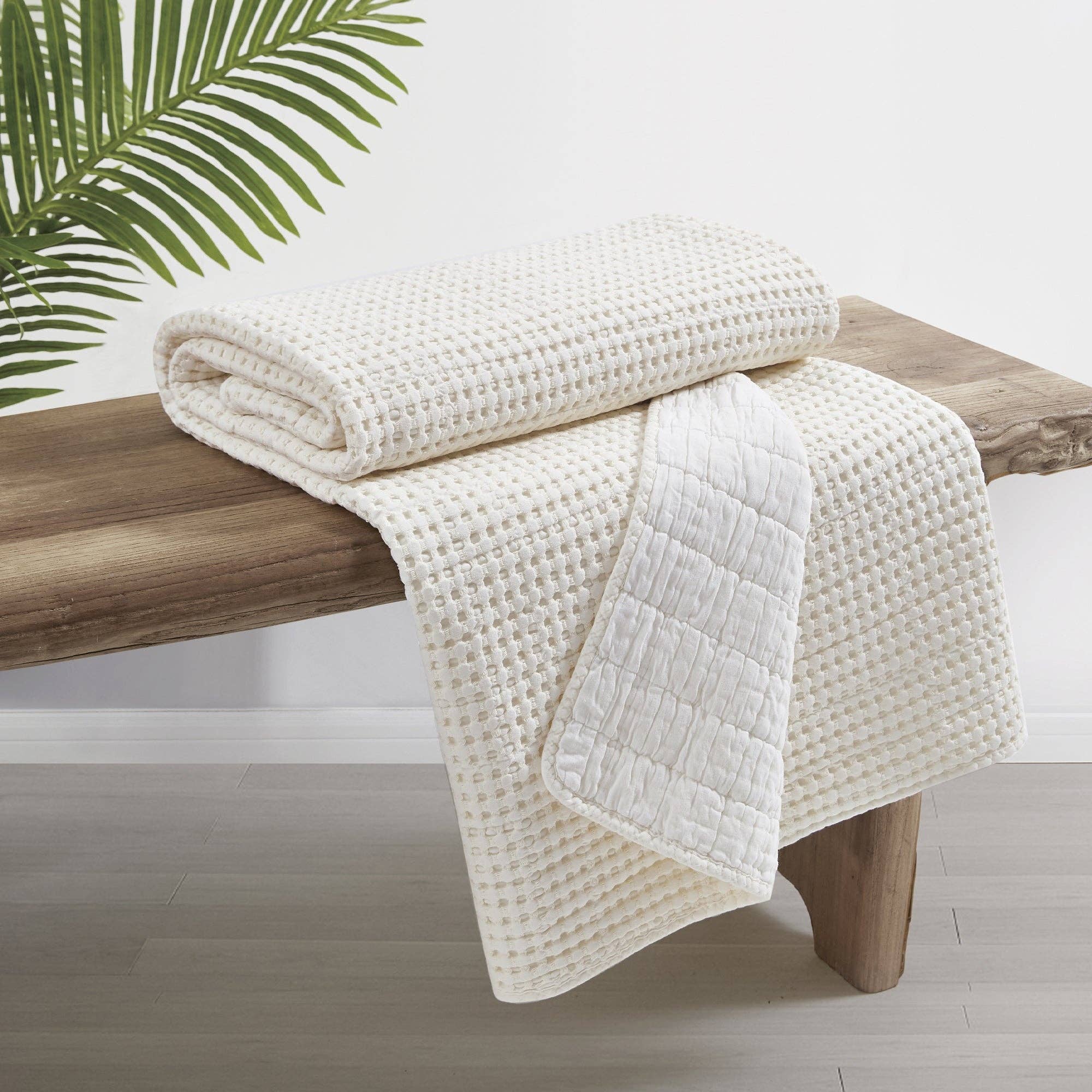 Mills Waffle Quilted Throw Blanket: Cream