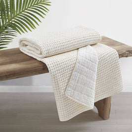 Mills Waffle Quilted Throw Blanket: Cream