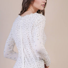 Dana Floral Printed Lettuce Hem Fitted Knit Top: BLUE