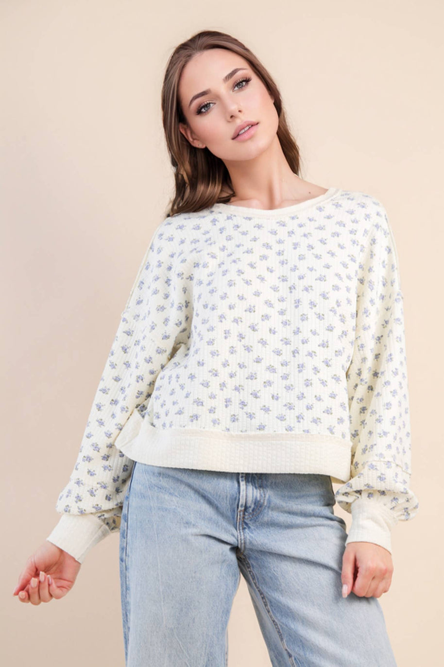Flora-Oversized Floral Printed Casual Knit Top