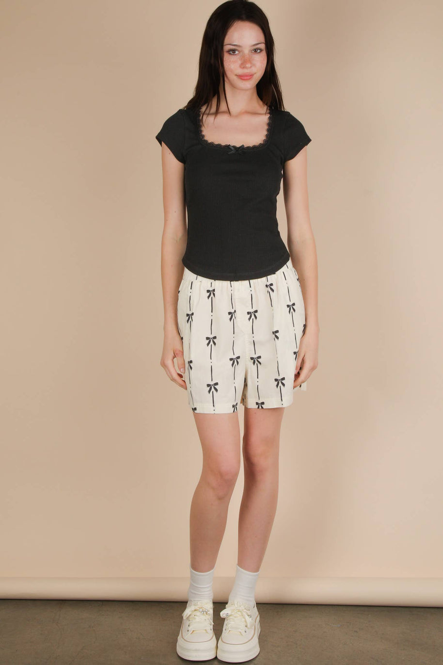 Lola Lace & Bow Trim Ribbed Knit Top